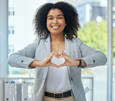Happy business woman, portrait and heart hands in customer care, client support or leadership trust. Smile, face or worker with love gesture, sign or emoji symbol for corporate wellness, vote or hope