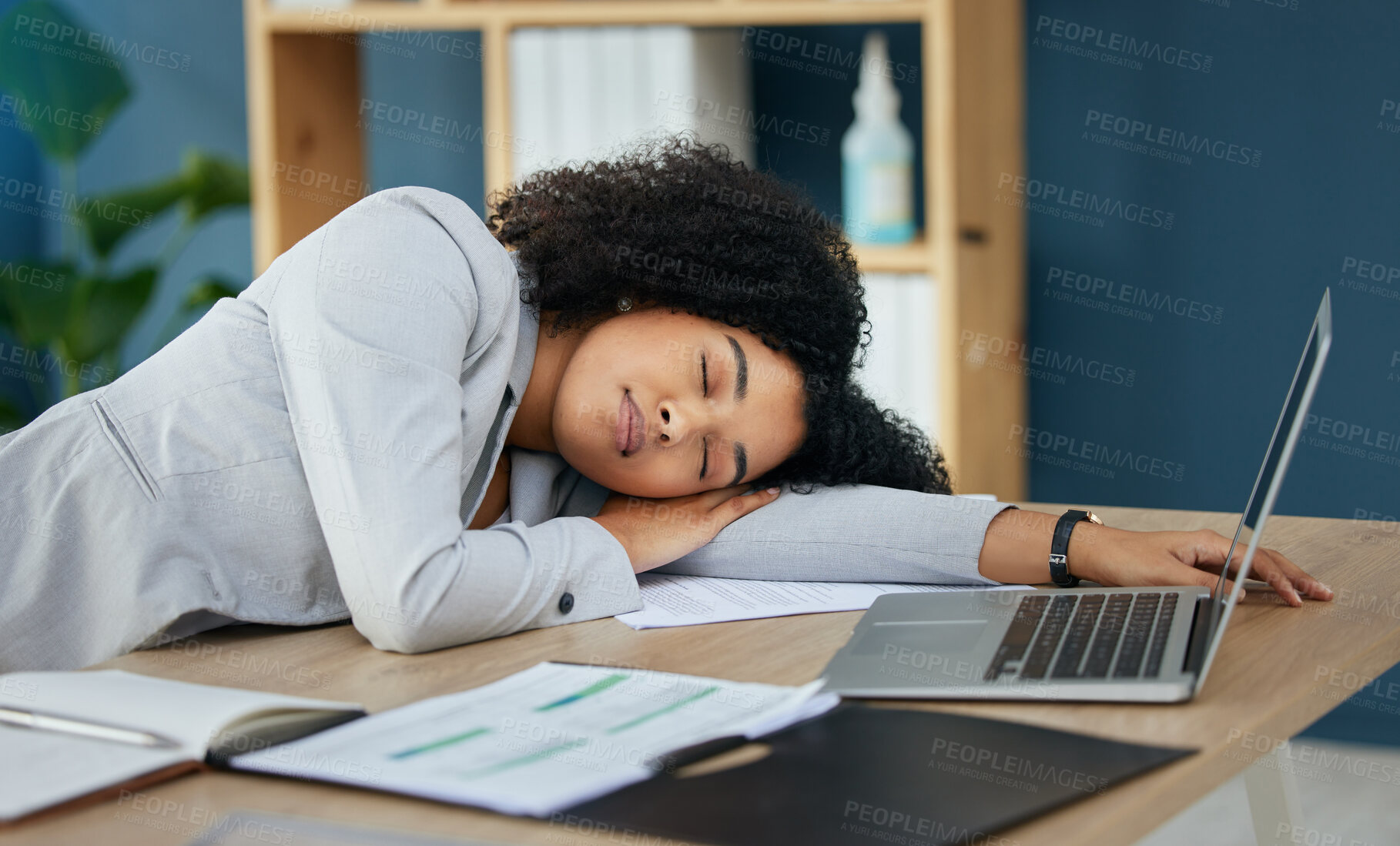 Buy stock photo Business woman, tired or sleeping on desk in financial accounting office in overworked, mental health nap or burnout crisis. Sleep, fatigue or exhausted corporate worker on table with finance laptop