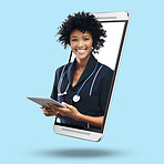 3d telehealth doctor, phone and online with screen, tablet and portrait for app by blue background. Medic woman, face or smile for healthcare, advice or communication on internet for wellness service