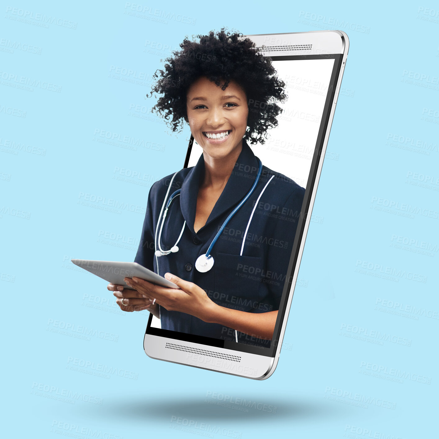 Buy stock photo 3d telehealth doctor, phone and online with screen, tablet and portrait for app by blue background. Medic woman, face or smile for healthcare, advice or communication on internet for virtual service