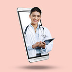 Woman, doctor and tablet on mockup screen for healthcare,, advertising or marketing against a studio background. Portrait of happy female medical expert smile with touchscreen from smartphone display