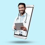 Asian man, doctor and tablet on mockup screen for healthcare, advertising or marketing against studio background. Portrait of happy male medical expert smile with touchscreen from smartphone display