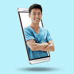 Phone, portrait and doctor on a healthcare app in a studio with 3d display on a mobile screen. Technology, online and asian male medical worker standing in a cellphone isolated by a blue background.