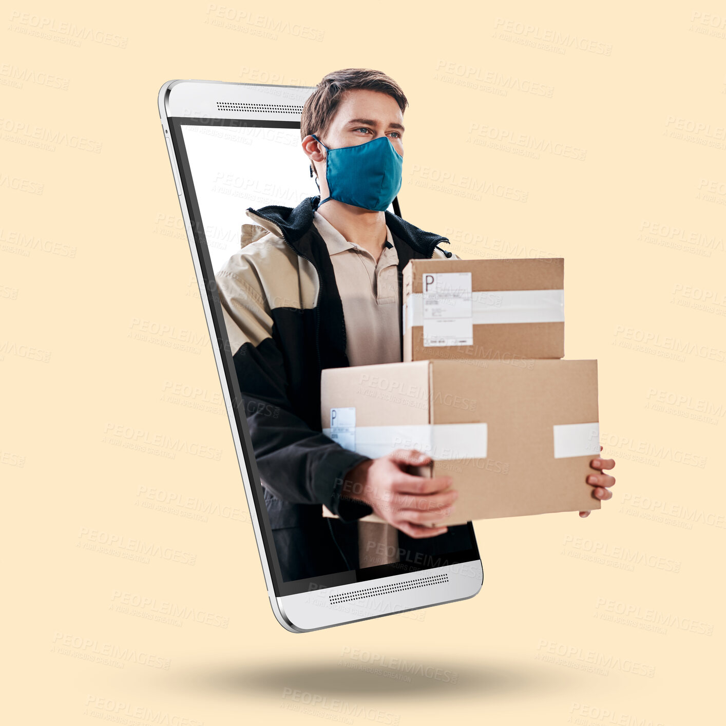 Buy stock photo Phone, man and 3d box for delivery, logistics or face mask for safety from covid by studio background. Logistics professional, boxes or smartphone ux for product, transport or job at shipping company