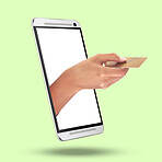 Hands, phone and credit card on mockup screen for ecommerce or online shopping against studio background. Hand of shopper in mobile banking app on smartphone display for electronic transaction