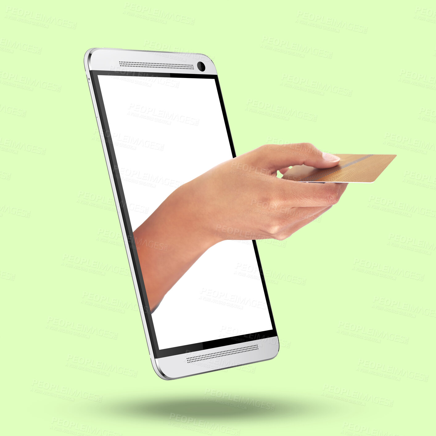 Buy stock photo Hands, phone and credit card on mockup screen for ecommerce or online shopping against studio background. Hand of shopper in mobile banking app on smartphone display for electronic transaction