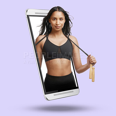 Buy stock photo Woman, phone and screen on mockup for fitness, advertising or marketing against a studio background. Portrait of active fit female with skipping rope on mobile smartphone display for advertisement