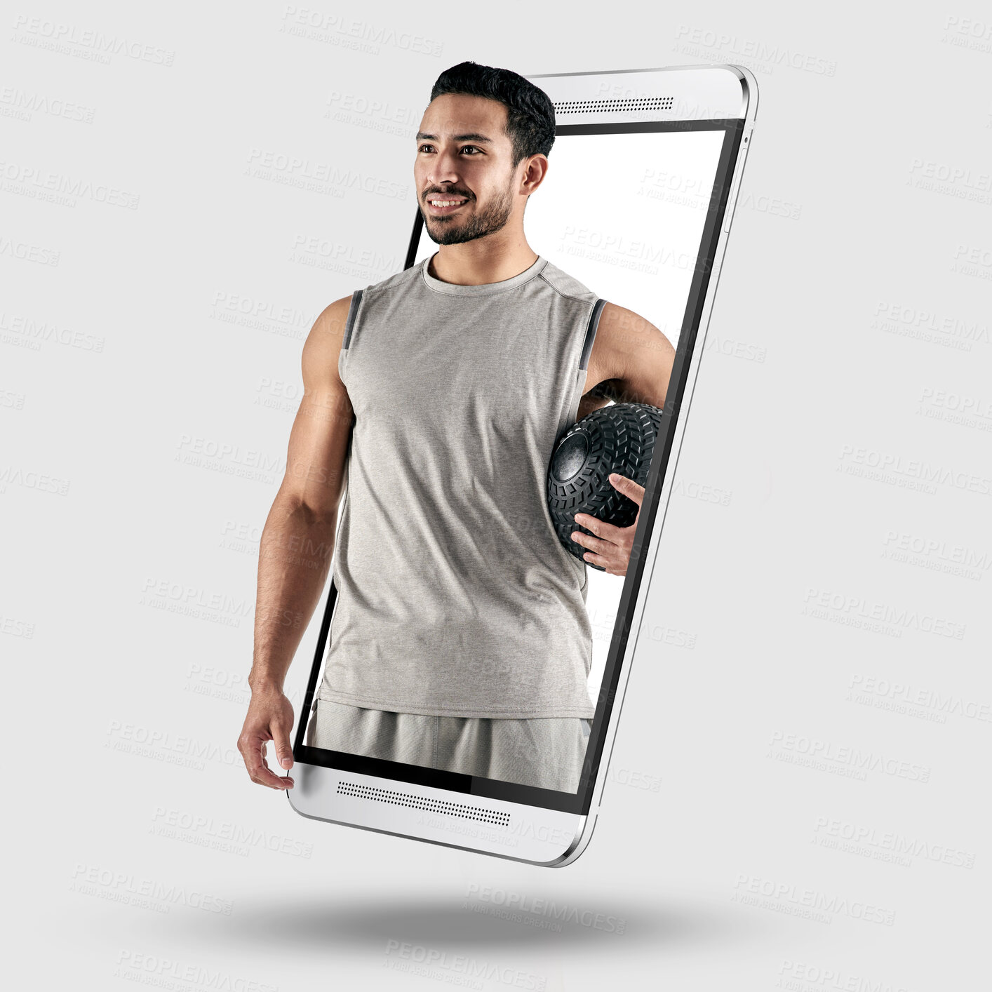 Buy stock photo Phone, fitness and sports with a coaching app in studio on a gray background for training or routine. Display, 3D and interactive with a personal trainer on a smartphone screen for an online workout