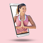 Woman, phone and screen on mockup for yoga, spiritual wellness or exercise against a studio background. Happy female yogi smiling in namaste pose on mobile smartphone display for mental wellness