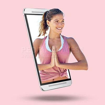 Buy stock photo Woman, phone and screen on mockup for yoga, spiritual wellness or exercise against a studio background. Happy female yogi smiling in namaste pose on mobile smartphone display for mental wellness