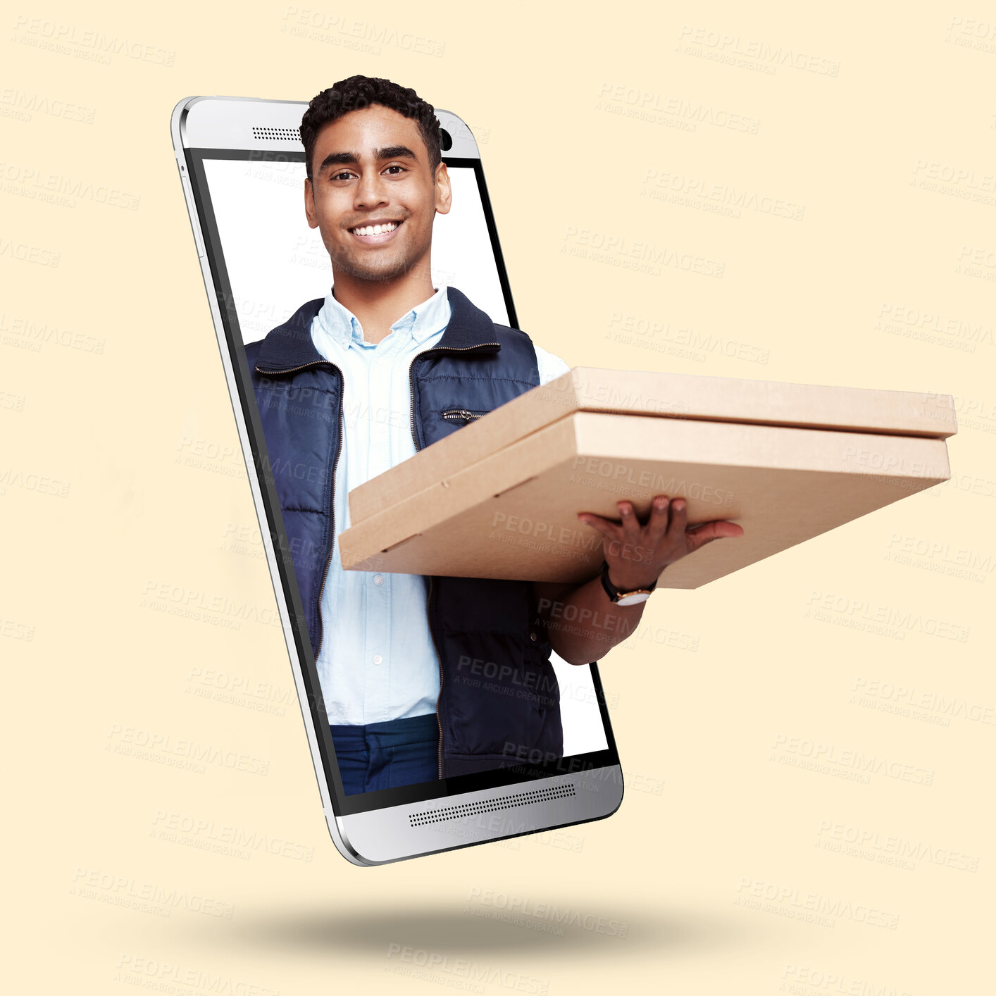 Buy stock photo Phone, portrait and pizza delivery app with a man on screen in studio against a cream background. Food, order and ecommerce with a male fast food courier on a mobile display for easy convenience