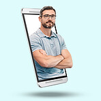 Phone pride, arms crossed and portrait of a man isolated on a white background in a studio. Communication, leadership and a mature guy with confidence, motivation and handsome on a mobile app