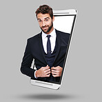 Businessman, phone and screen on mockup for fashion, advertising or marketing against gray studio background. Portrait of corporate professional salesman smile with suit on mobile smartphone display