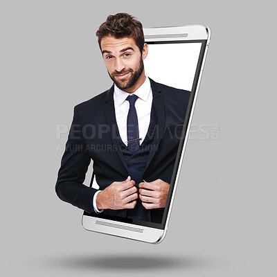 Buy stock photo Businessman, phone and screen on mockup for fashion, advertising or marketing against gray studio background. Portrait of corporate professional salesman smile with suit on mobile smartphone display