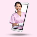 3d telehealth nurse, phone and online with screen, portrait and happy for app by pink background. Medic woman, face or smile for healthcare, advice or communication on internet for wellness service