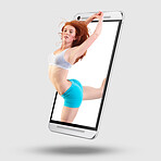 Woman dancing, phone and screen on mockup for performance, advertising or marketing against studio background. Portrait of professional female broadway dancer or ballet on mobile smartphone display