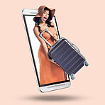 Phone, woman and suitcase on 3d screen for portrait, happiness and summer vacation by studio background. Girl, young and excited face with bag for international travel, holiday and happy by backdrop