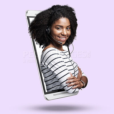 Buy stock photo Call center, phone and portrait of a woman in studio with a digital 3d display and mockup. Happy, smile and face of female model with telemarketing headset standing in cellphone by purple background.