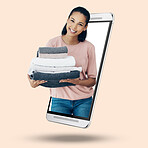 Woman, phone and screen on mockup for housekeeping, advertising or marketing against a studio background. Portrait of female cleaner with laundry towels on mobile smartphone display for advertisement