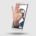 Phone, hand and stethoscope on 3d screen for health care app, medical check or help by white background. Medic tools, telehealth or ux for healthcare, advice and results on web for wellness service