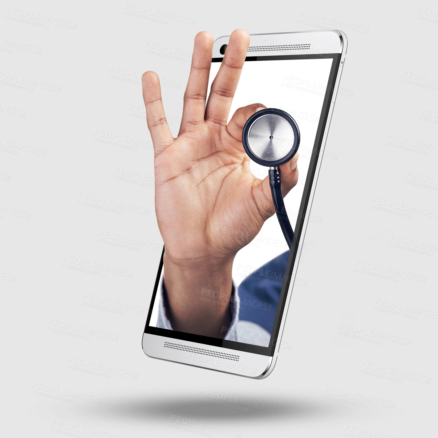 Buy stock photo Phone, hand and stethoscope on 3d screen for health care app, medical check or help by white background. Medic tools, telehealth or ux for healthcare, advice and results on web for wellness service