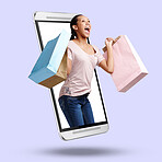 Woman, phone and screen on mockup for online shopping, ecommerce or celebration for sale against a studio background. Happy female shopper with bags on mobile smartphone display for online purchase