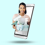 Woman, phone and screen on mockup for housekeeping, advertising or marketing against studio background. Portrait of female cleaner smile with basket of cleaning equipment on mobile smartphone display