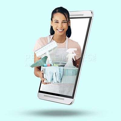 Buy stock photo Woman, phone and screen on mockup for housekeeping, advertising or marketing against studio background. Portrait of female cleaner smile with basket of cleaning equipment on mobile smartphone display