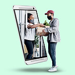 Phone woman and 3d screen with delivery, box and groceries from black man with mask by green background. Ecommerce, logistics professional and vegetables for remote customer experience on smartphone