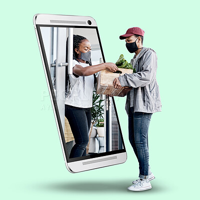 Buy stock photo Phone woman and 3d screen with delivery, box and groceries from black man with mask by green background. Ecommerce, logistics professional and vegetables for remote customer experience on smartphone