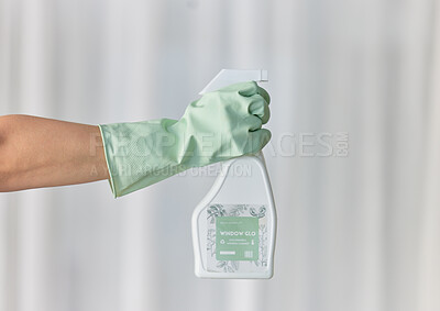 Buy stock photo Hands, gloves and housekeeping with detergent spray bottle for spring cleaning, disinfection or dirt removal at home. Hand of cleaner holding sanitizer and rubber glove for clean hygiene or disinfect