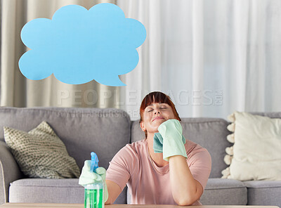 Buy stock photo Woman, housekeeping and thinking with speech bubble dreaming or wondering with detergent in living room at home. Happy thoughtful female cleaner contemplating social media for cleaning and hygiene