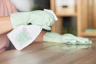 Buy stock photo Woman, hands and cleaning table in housekeeping for bacteria or germ removal at home. Hand of female cleaner wiping surface with spray bottle and cloth for clean hygiene and furniture disinfection