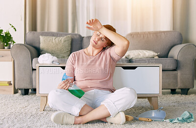 Buy stock photo Tired woman, housekeeping and detergent from spring cleaning services in living room on floor at home. Exhausted female maid or cleaner in burnout, stress or fatigue for routine maintenance in lounge