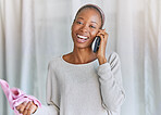 Black woman, phone call and portrait with a smile for communication and connection. Female model with a smartphone for conversation with network and contact laughing and cleaning space in living room