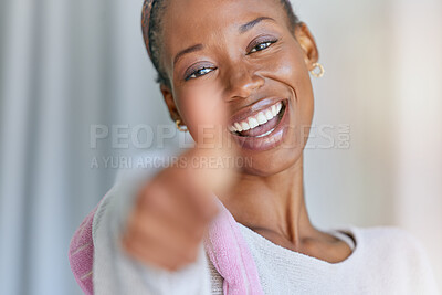 Buy stock photo Portrait, thumbs up and cleaning with a black woman housekeeper in a home for hygiene or service. Face, motivation and hand gesture with a female cleaner closeup in a house feeling like a winner