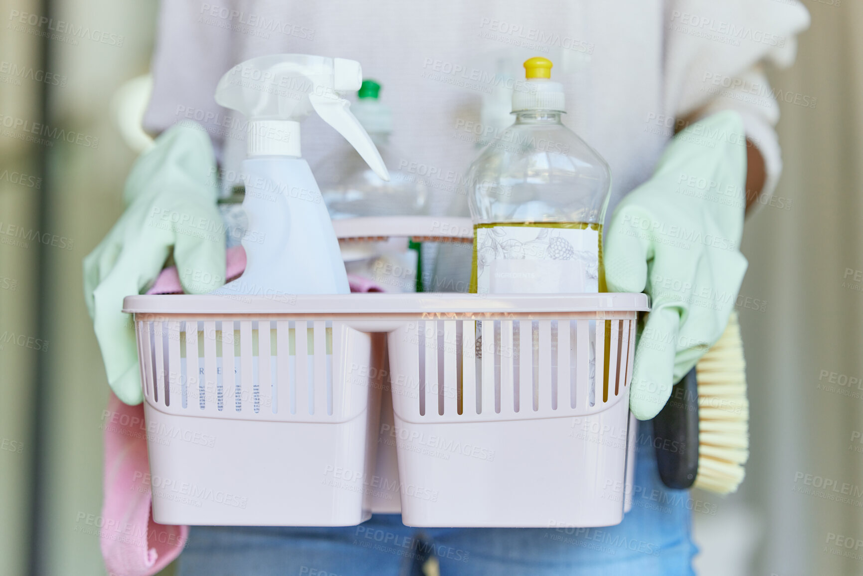 Buy stock photo Basket, bucket and hands holding cleaning equipment and disinfectant spray products or supplies for hygiene. Service, housekeeping and person or cleaner with domestic container for sanitizing