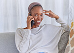 Black woman, portrait and phone call on home sofa with a smile for communication and connection. Female model with a smartphone for conversation with network and contact on living room couch to relax