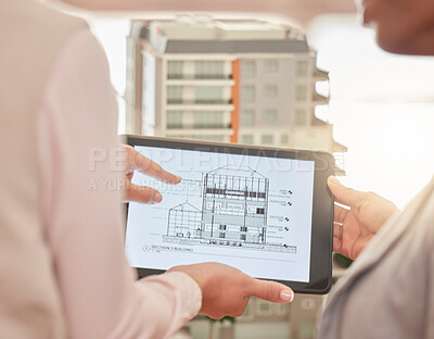 Buy stock photo Architect, hands and tablet in construction planning, 3D model or design strategy for industrial architecture at office. Hand of engineering team in meeting on touchscreen for blueprint building plan