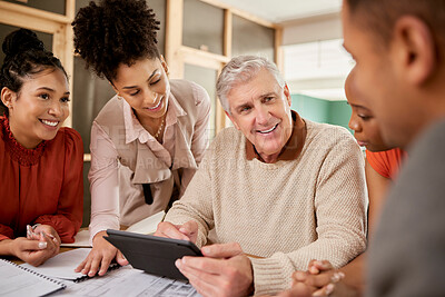 Buy stock photo Tablet, discussion and business people in a meeting in the office boardroom planning a project. Technology, diversity and corporate team working on a company strategy with mobile device in workplace.