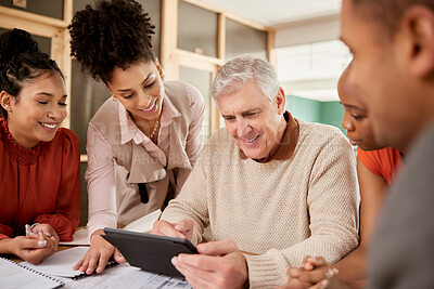 Buy stock photo Digital tablet, teamwork and business people in a meeting in the office boardroom planning a project. Collaboration, diversity and team working on a company strategy with mobile device in workplace.