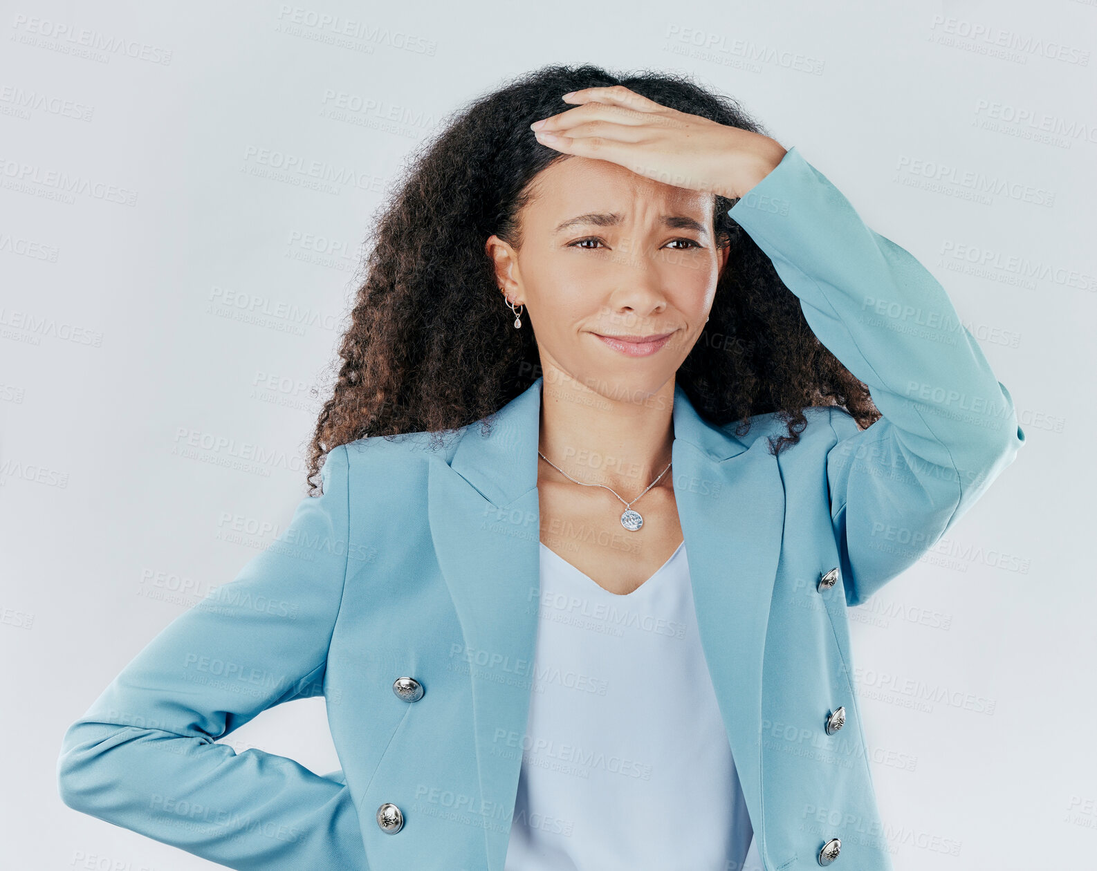 Buy stock photo Confused, headache and a woman looking tired isolated on a white background in a studio. Anxiety, frustrated and a young woman with a painful migraine, stressed and anxious about work on a backdrop