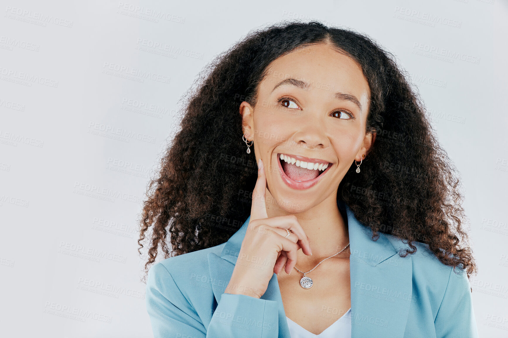 Buy stock photo Woman, thinking and excited with idea in studio with face emoji. Female, business person and happy emotion with hand to think, planning or for mockup space choice isolated on a white background