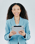 Business woman, portrait smile and tablet for design, advertising or marketing against a white studio background. Face of happy isolated female model smiling with touchscreen for schedule planning