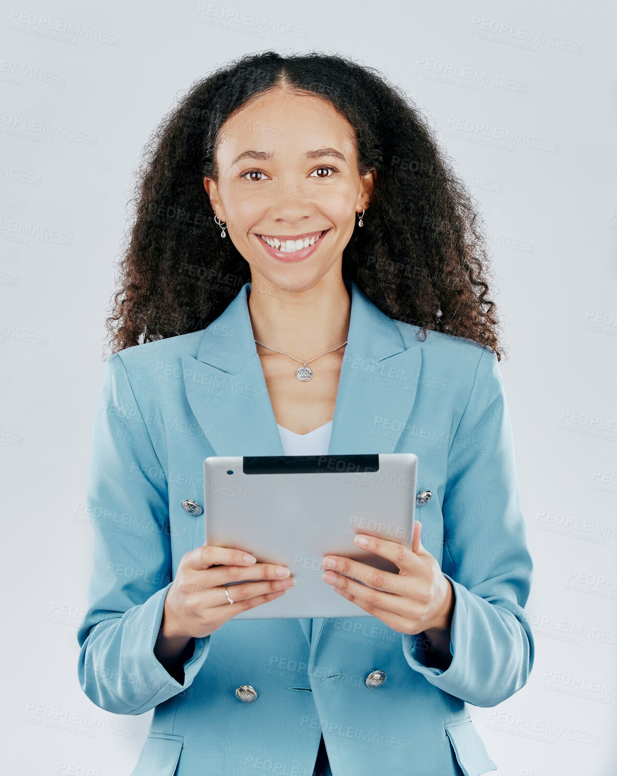 Buy stock photo Business woman, portrait smile and tablet for design, advertising or marketing against a white studio background. Face of happy isolated female model smiling with touchscreen for schedule planning