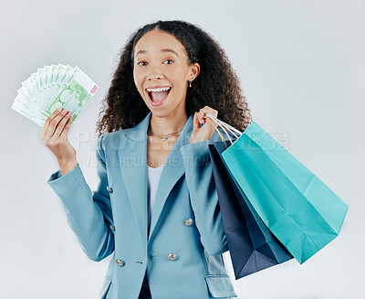 Buy stock photo Happy woman, portrait and shopping bags with money winning sale or discount against white studio background. Excited and surprised female shopper smiling with cash, gift or profit in retail happiness