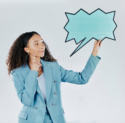 Buy stock photo Business woman, speech bubble and thinking in studio for mockup, opinion and space by white background. Happy entrepreneur, smile and ideas for social media, mock up and happiness for company promo