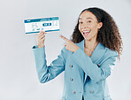 Business woman, plane ticket and portrait pointing for international travel or boarding pass against white studio background. Happy female traveler smiling for global trip, flight booking or document