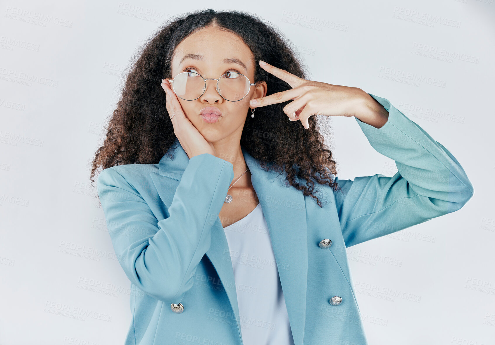 Buy stock photo Business woman, studio and peace sign or emoji with glasses and surprise, shocked or wow face. Entrepreneur female person with hand gesture for support or thinking and isolated on a white background