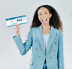 Business woman, plane ticket and studio portrait for international travel, excited face and white background. Happy entrepreneur, smile and global trip with paper, document and mission for company